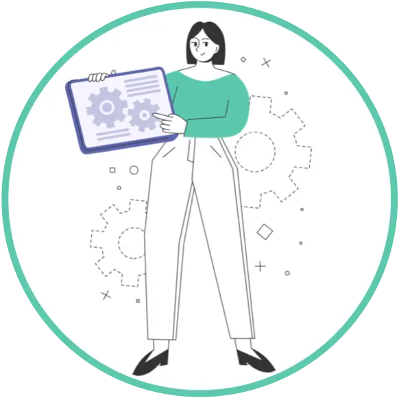 Cartoon Image of Bec Lee, Bright Website Design. 'Bec is demonstrating website management'.