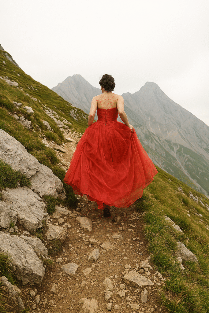 Image of a woman in a red dress walking upu a mountain to represent -Compress your images