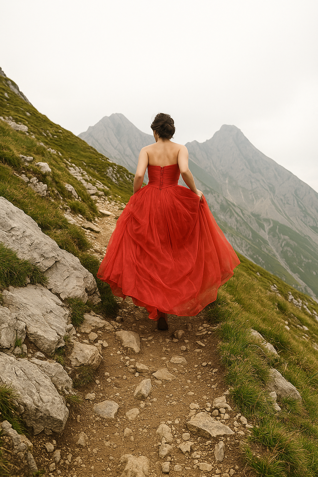 Image of a woman in a red dress walking upu a mountain to represent -Compress your images